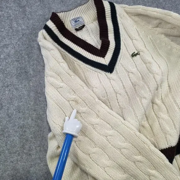 VTG IZOD Lacoste Sweater Mens Large White Cable Knit V Neck Tennis Pullover 80s